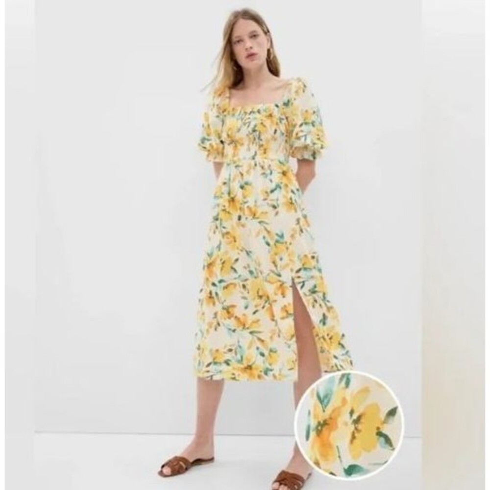 NWT Gap Linen Blend Puff Sleeve Floral Midi Dress Size S Sundress Cottagecore